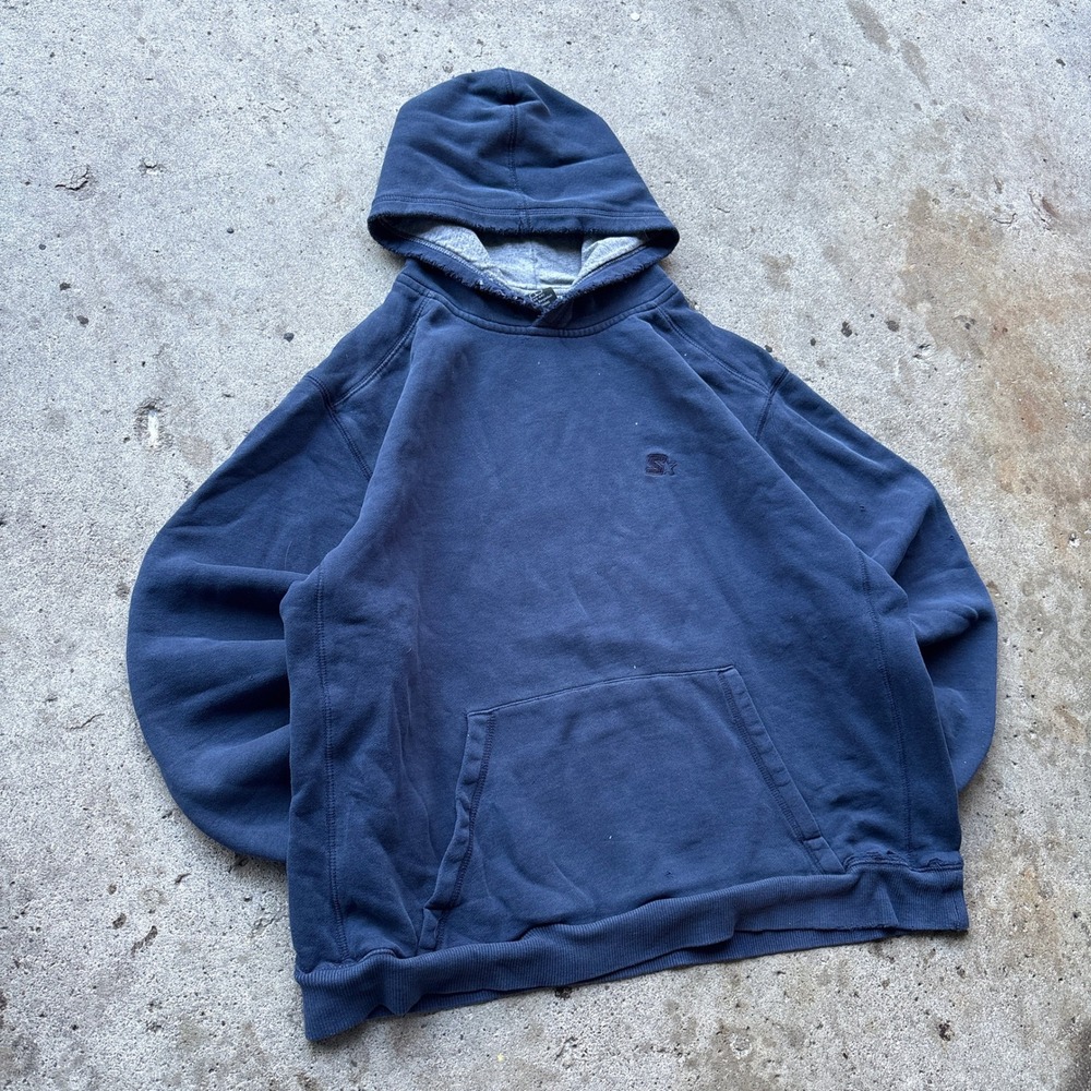 Starter Mens Navy Blue Distressed Hoodie Sweatshirt Large Embroidered Logo